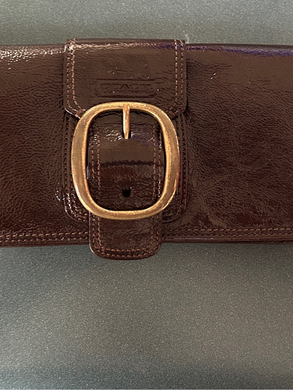 Coach Patent Leather Buckle Clutch Wallet - Brown